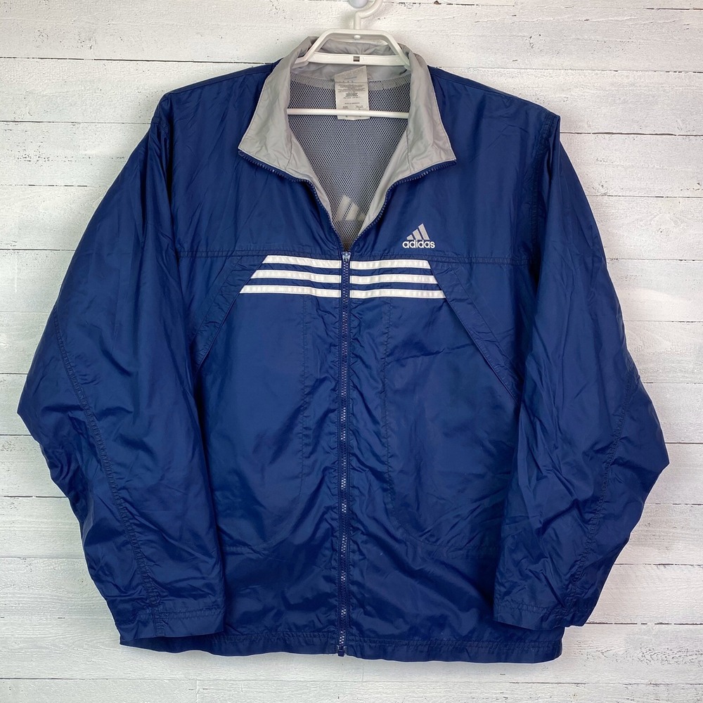 Adidas Mens Windbreaker Jacket Large L/S Blue White Stripe Full Zip Lightweight